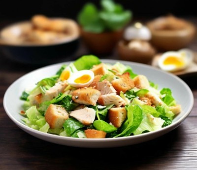Салат Цезарь с курицей и перепелиными яйцами Салат Цезарь с курицей и перепелиными яйцами